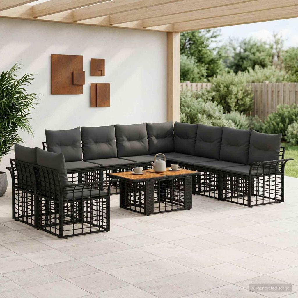 Garden Sofa Set 10 Pieces Black and Dark Grey Poly Rattan