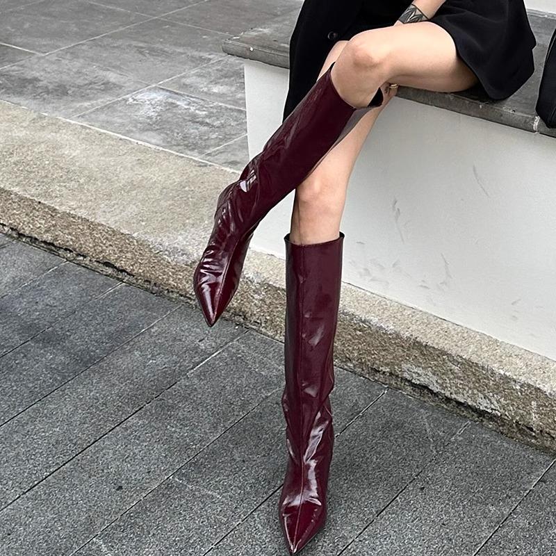 Модные бордовые лакированные высокие ботинки на шнуровке для женщин винно-красные с острым носком слипоны ботильоны на низком каблуке для взрослых