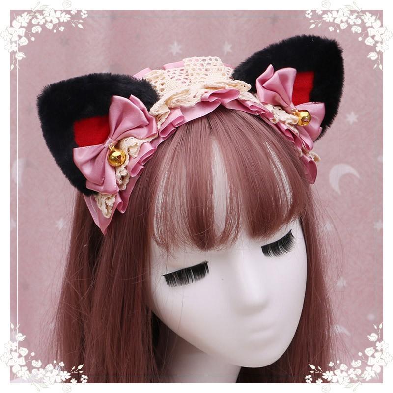 Cute Japanese Lolita Cat Ear Headband With Fluffy Faux Fur Lace Trim Girls Women Cosplay Party Accessory