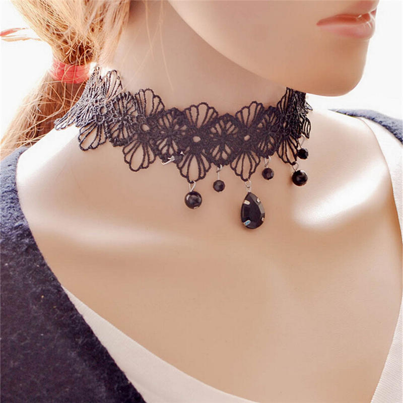 Fashion Gothic Black Lace Retro Choker Collar Flower Pendant Necklace Jewelry