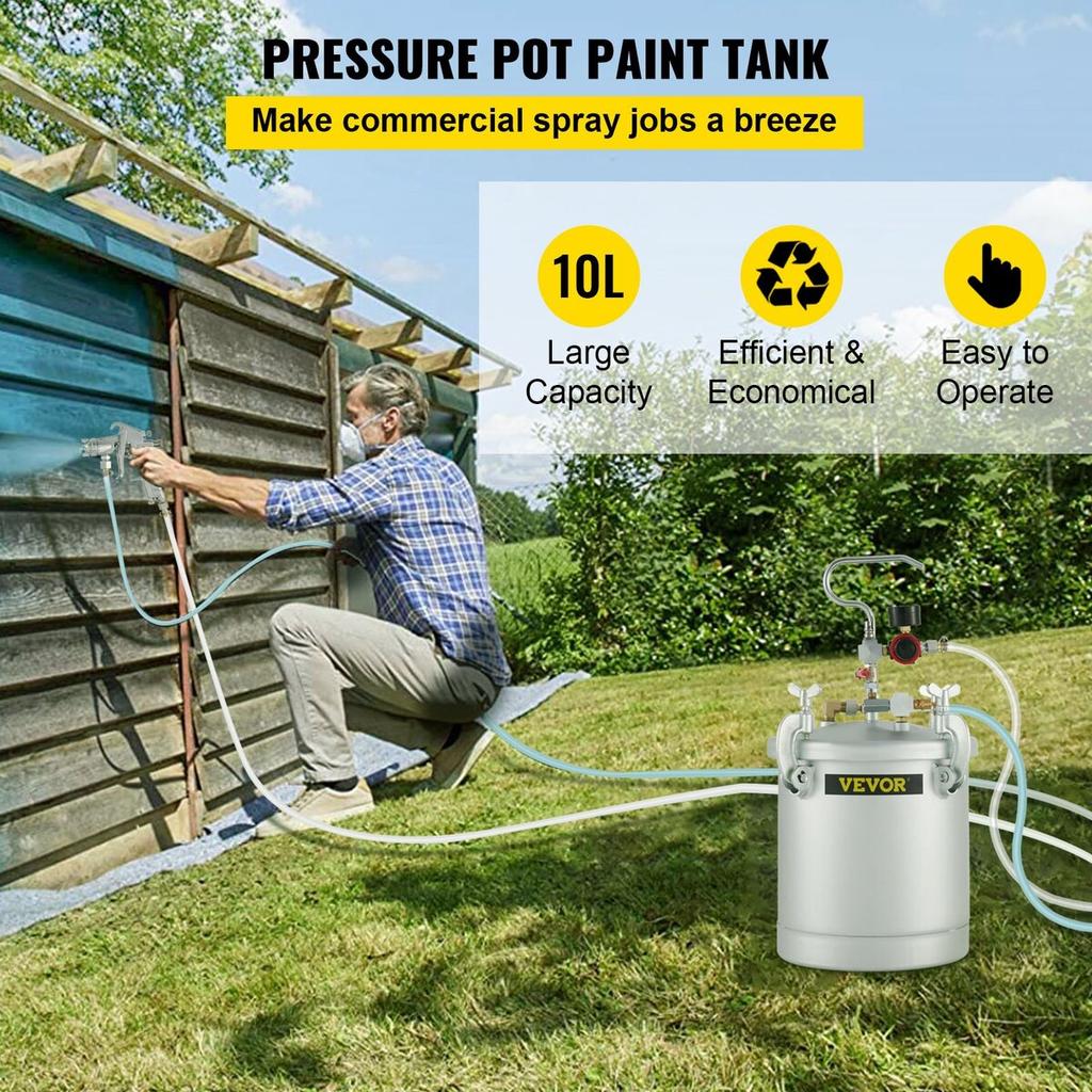 Commercial Paint Pressure Tank 2.5 Gallons Pressure Pot Tank 10L Pressure Paint Pot Feed Spray Gun 1.5mm Nozzle Paint Sprayer for 10L Capacity