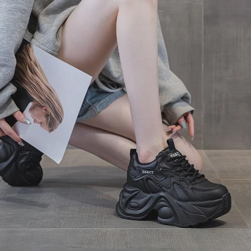 Женские туфли Dad Shoes из натуральной кожи на толстой подошве, визуально увеличивающие рост, универсальные повседневные кроссовки на весну/осень, мода 2025 года.