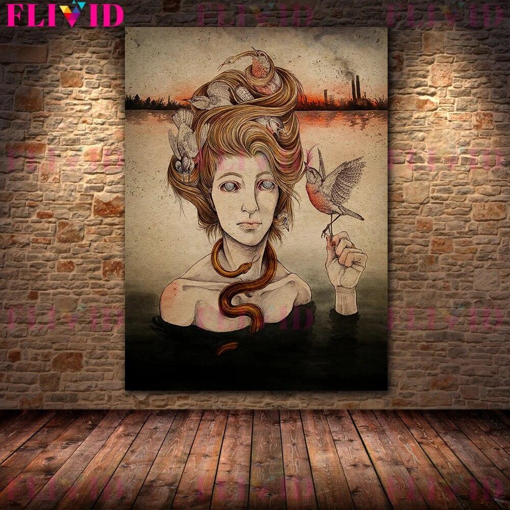 Абстрактное искусство постер с птицами, животными и девочками, ретро-сюрреалистический женский настенный художественный холст, принт для декора гостиной, без рамы, без рамки