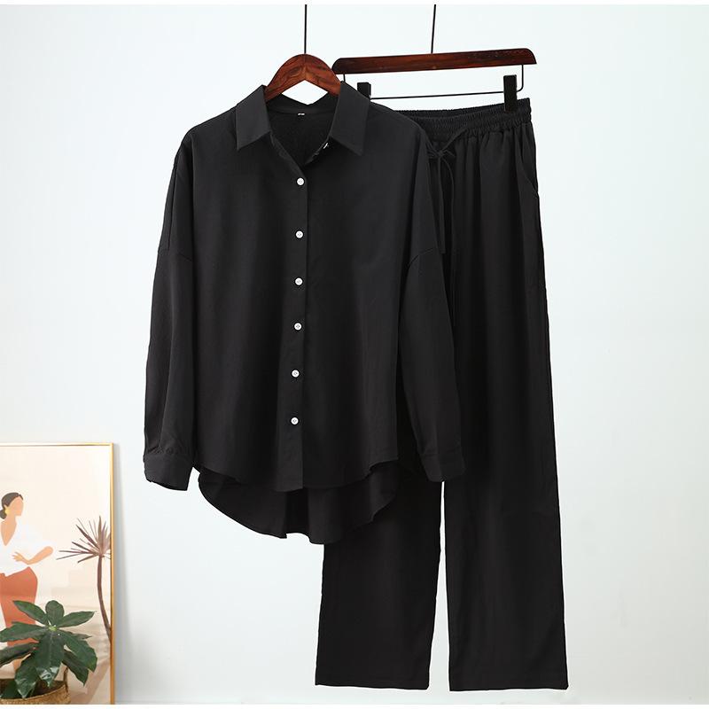 Women's Fashion Loose Elastic Wrinkled Long Sleeve Shirt Wide Leg Pants Casual Set 2-piece Set