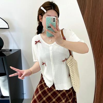 Женский кардиган с бантом большого размера, летний свободный вязаный свитер с короткими рукавами