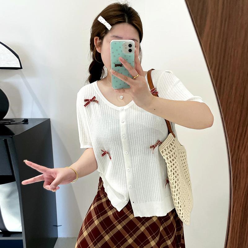 Женский кардиган с бантом большого размера, летний свободный вязаный свитер с короткими рукавами
