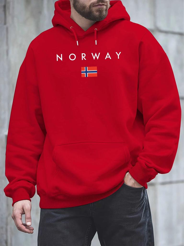 Norwegian Alphabet and Flag Pattern Hoodie, Autumn/winter Casual Travel-themed Long-sleeved Pullover Sweatshirt