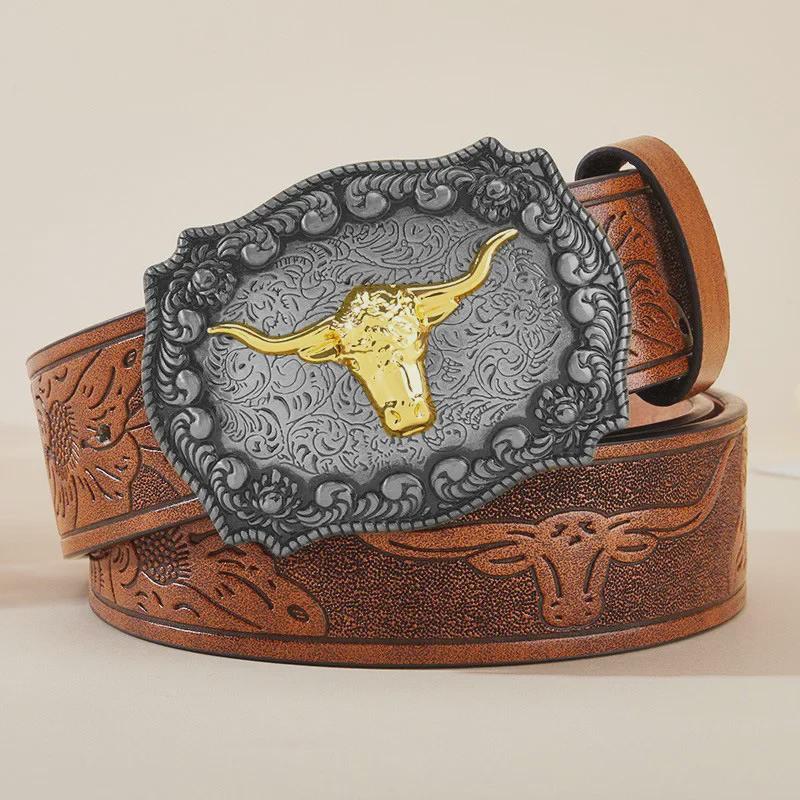 "Western Cowboy Leather Belt - Large Plate Trend, American Street Style, Youth Outerwear Accessory"
