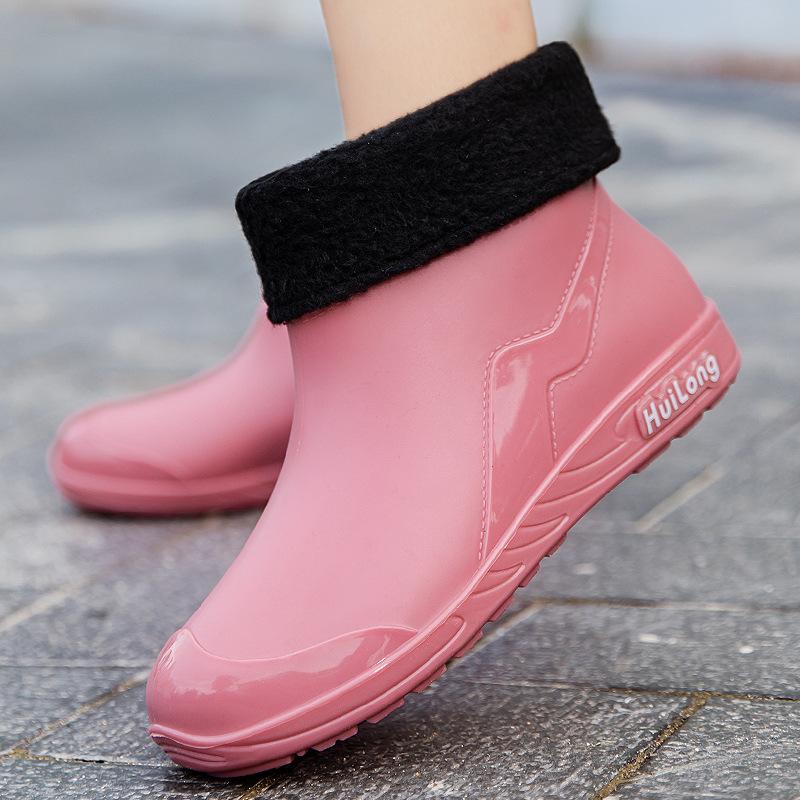 Rain Shoes Women's Fashion Outer Wear Summer Outer Wear Short Rubber Shoes Velvet Waterproof Rubber Shoes Girls Wear-resistant Rain Boots