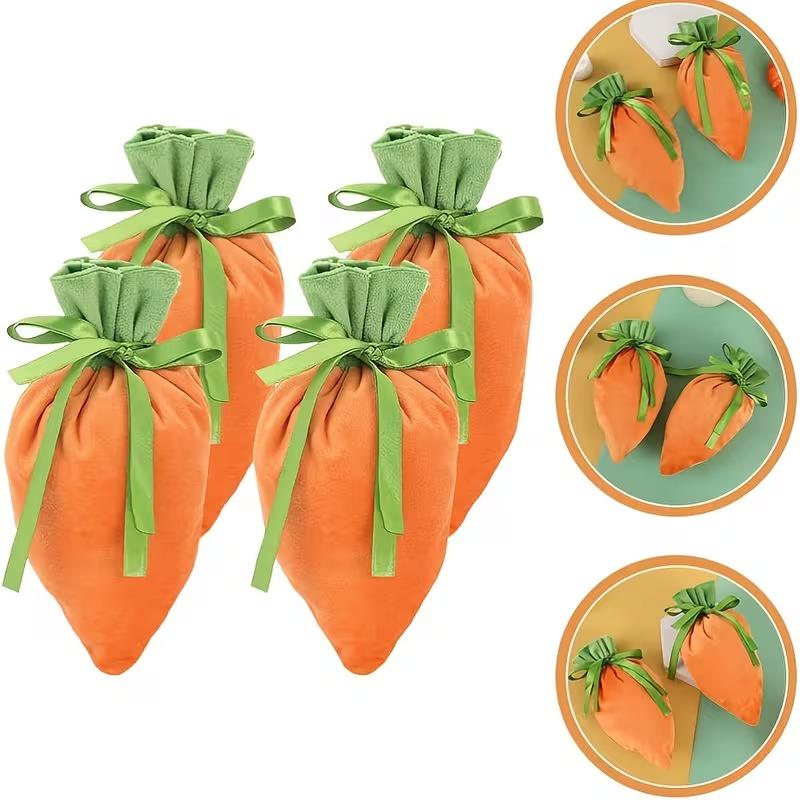 1-30PCS 2026 Easter Carrot Velvet DrawstringGift Bags with Bunny Ears Orange and GreenDesign for Spring Party FavorsCandyStorage