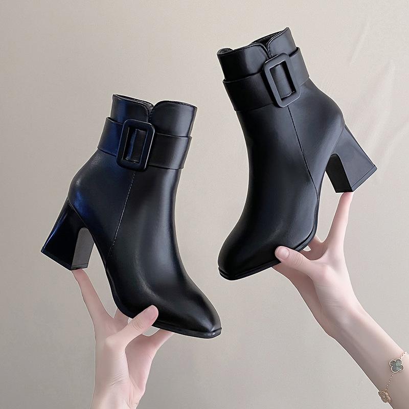 Белые ботильоны для женщин, толстый высокий каблук, круглый носок, элегантные короткие ботильоны, женские туфли-лодочки с пряжкой, Botas Femininas