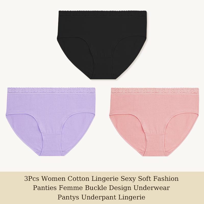 3 шт. Женское хлопковое нижнее белье Сексуальные мягкие модные трусики Femme Дизайн с пряжкой Трусы Нижнее белье Кружевное интимное белье S-XL