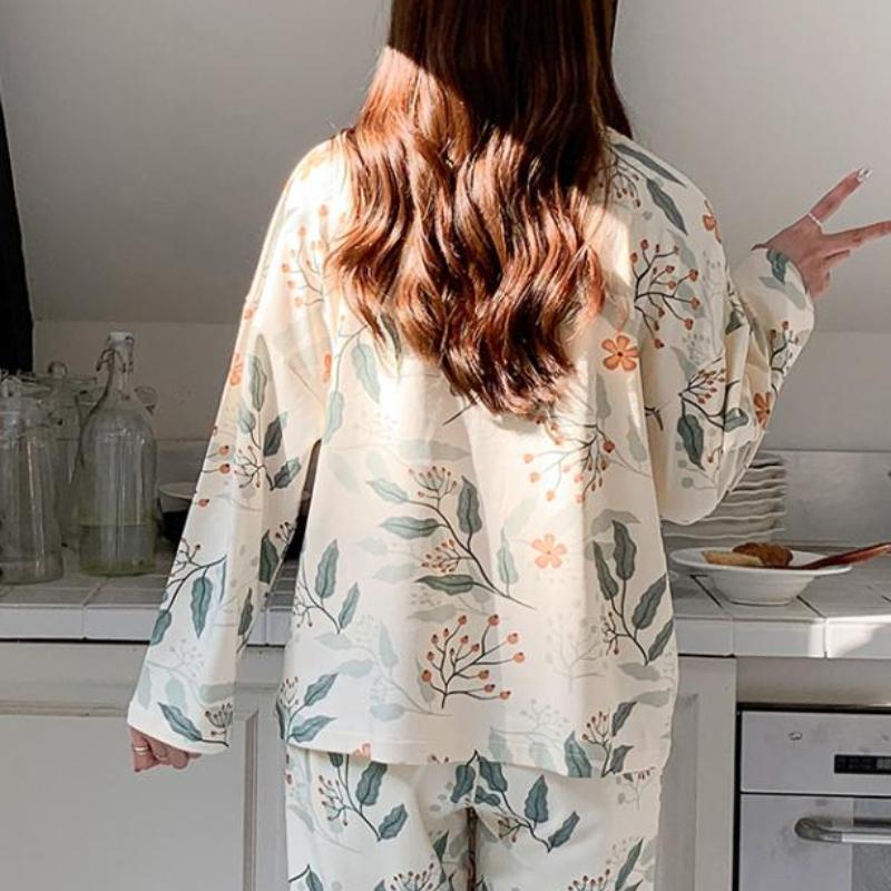 Осень-зима, новая женская домашняя одежда из чистого хлопка, кардиган с V-образным вырезом, комплект из двух предметов, роскошная женская пижама с длинным рукавом