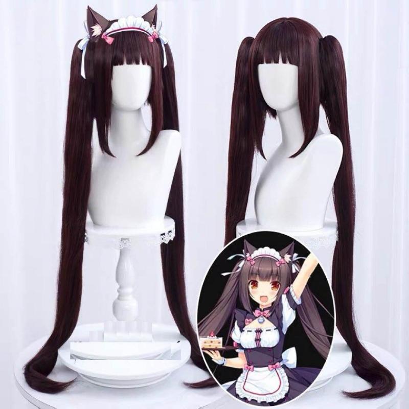 Аниме 100 см NEKOPARA Chocolat Chocola Длинные хвостики Коричневый ванильный Kawaii Розовый термостойкий парик для волос Косплей