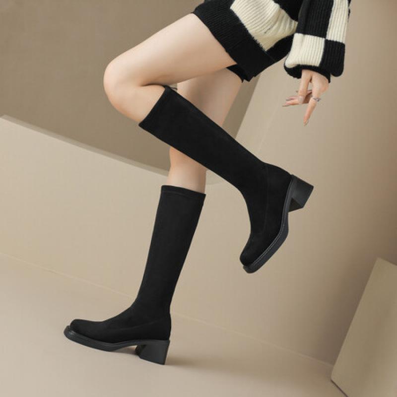 Корейская версия новых замшевых высоких сапог однотонные на задней молнии на среднем каблуке большого размера женские кожаные сапоги осень и зима круглый носок Мартин б