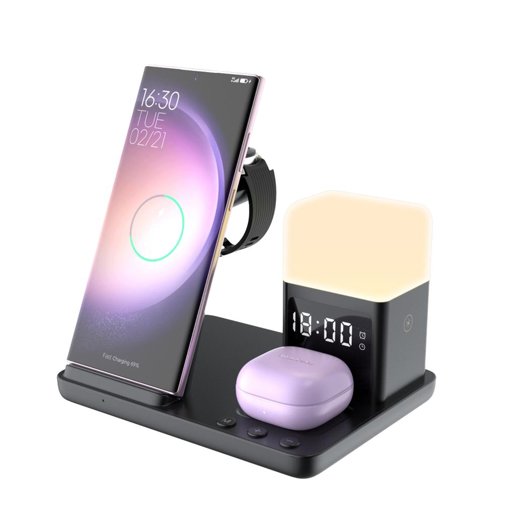 Desktop Multifunctional 15w Fast Charger 6 in 1 Wireless Charger with Alarm Clock Night Light for Samsung for iphone