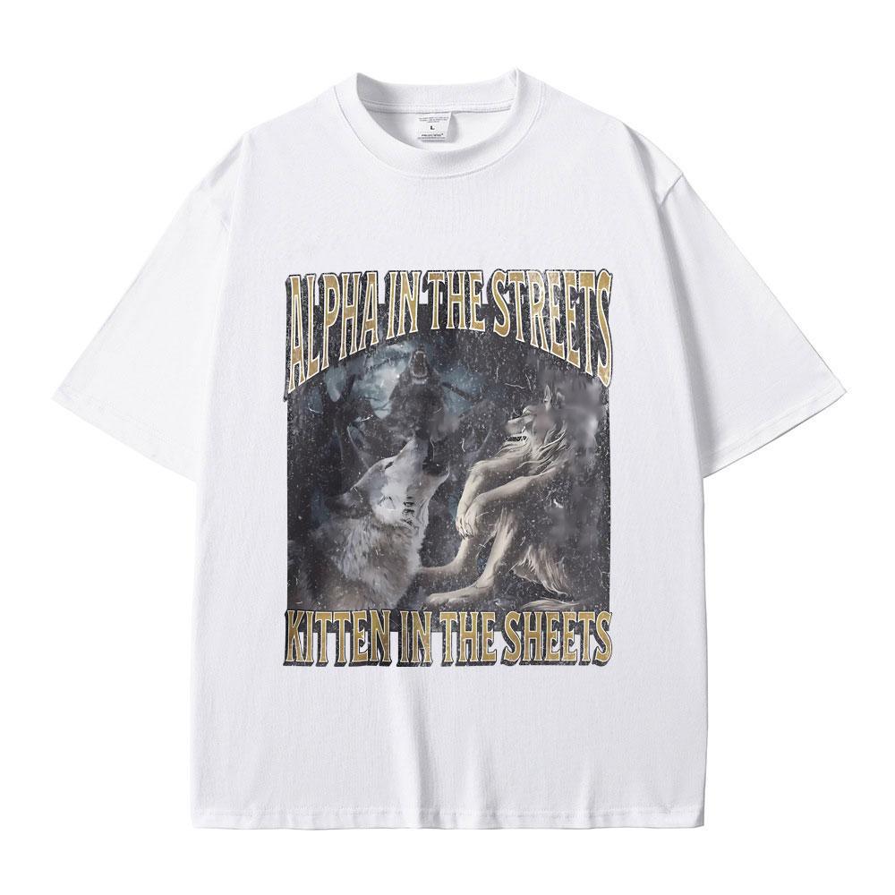 Альфа на улице, котенок в постели, смешная футболка с мемом про оборотня, мужская, женская, повседневная, оверсайз, уличная одежда, мужская модная футболка