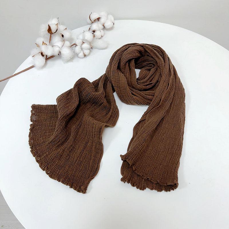 Thin Ramie Pleated Scarf Narrow Slender Cotton And Linen Japanese Literary And Artistic Solid Color Summer Neck Protection Small Shawl