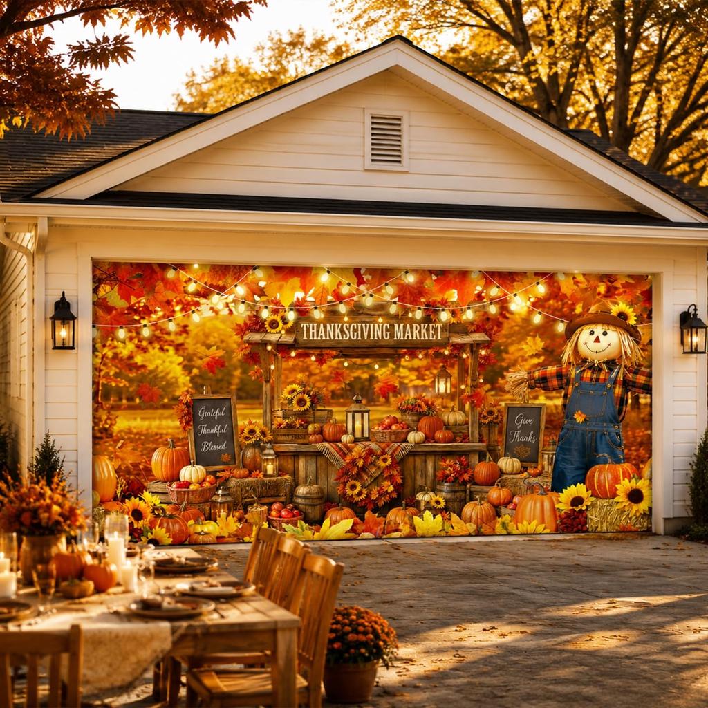 Fall Garage Door Cover 16 x 7 ft Thanksgiving Scarecrow Pumpkin