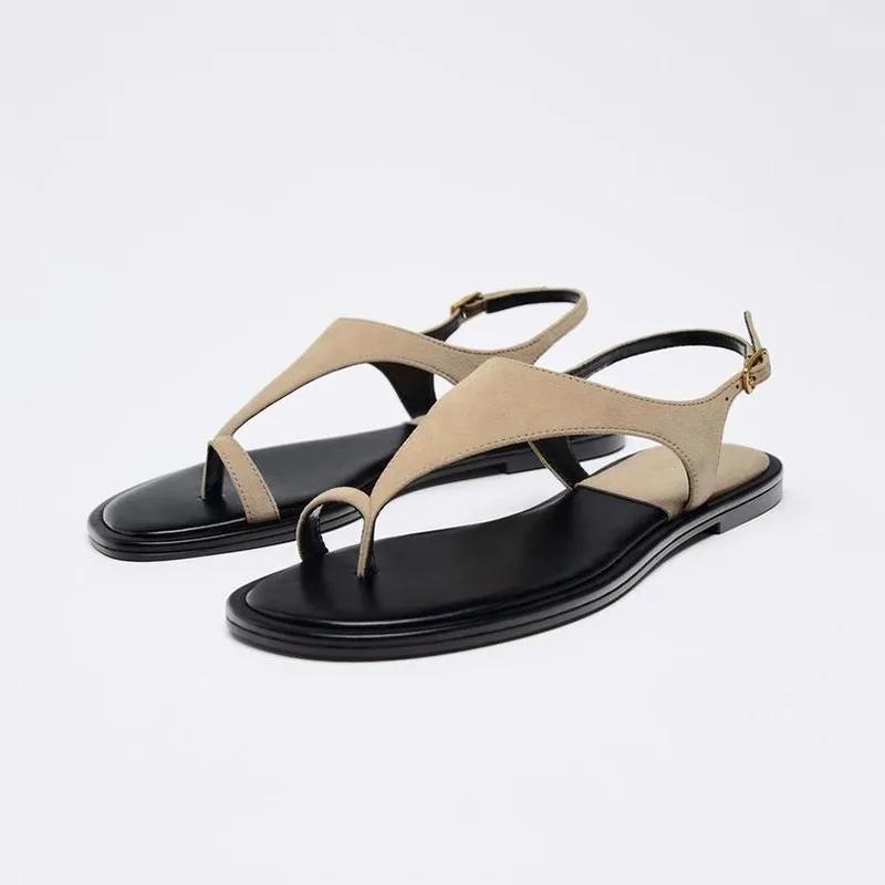 Fashion Vintage Clip-Toe Women's Sandals 2025 New Summer Round Toe Plus Size Shoes Woman Casual Roman Sandals Women Buckle Flat Sandal