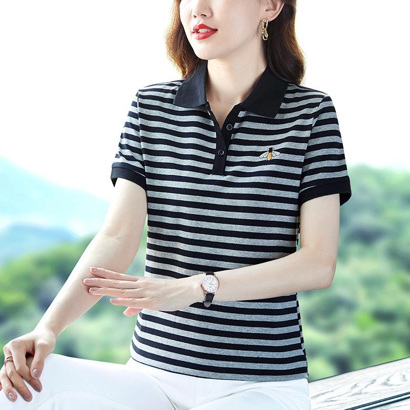 YYFS Женские модные повседневные летние весенние полосатые рубашки с короткими рукавами и воротником-поло с принтом, блузки и рубашки