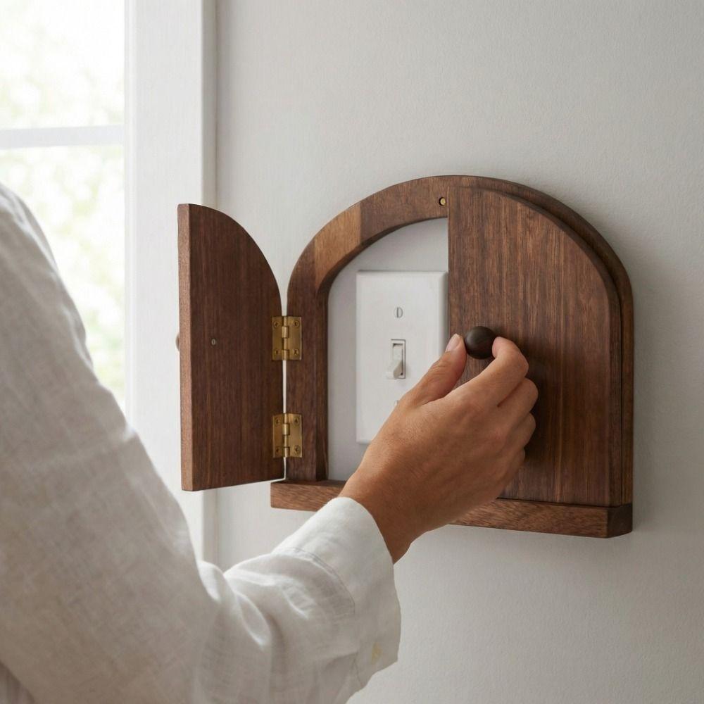 Rustic Style Solid Wood Switch Cover Double Door Design Switch Protector Living Room