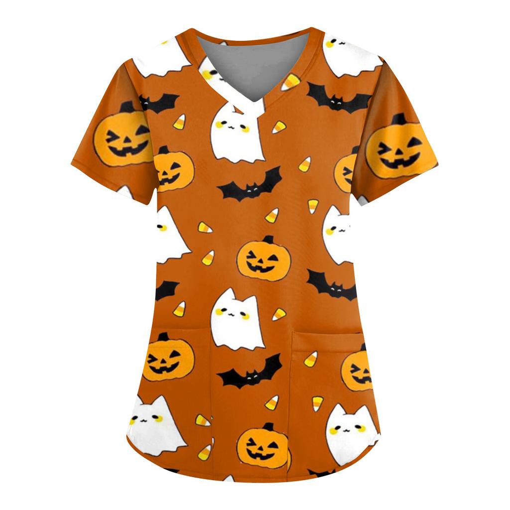 Женская мода повседневный топ с v-образным вырезом и короткими рукавами на Хэллоуин с карманами и принтом