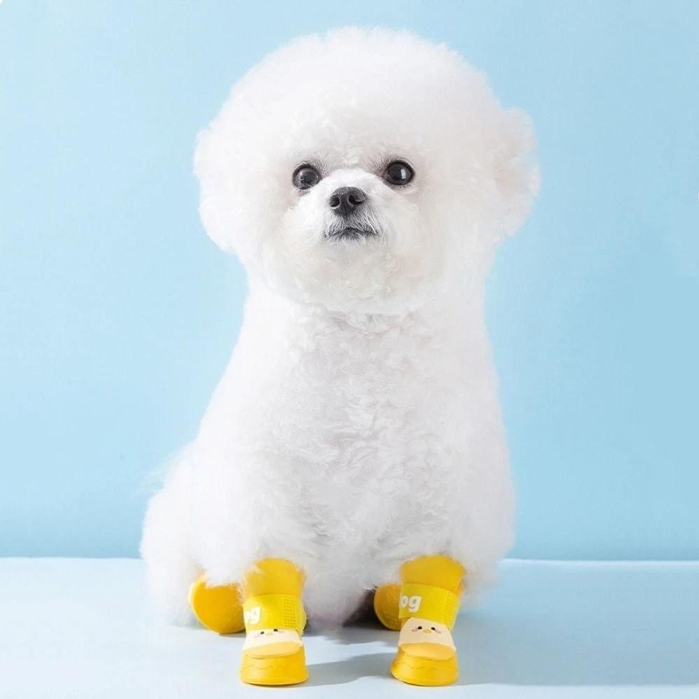 4Pcs/Set Silicone Pet Rain Boot Anti Slip Sole Wear Resistance Puppy Shoes Cartoon Waterproof Pet Paw Protector Rainy Weather