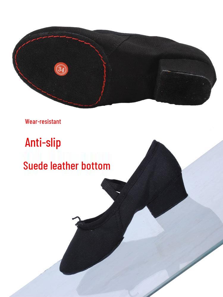 Женские взрослые парусиновые танцевальные туфли с мягкой подошвой и каблуком - Черные туфли для балетной практики