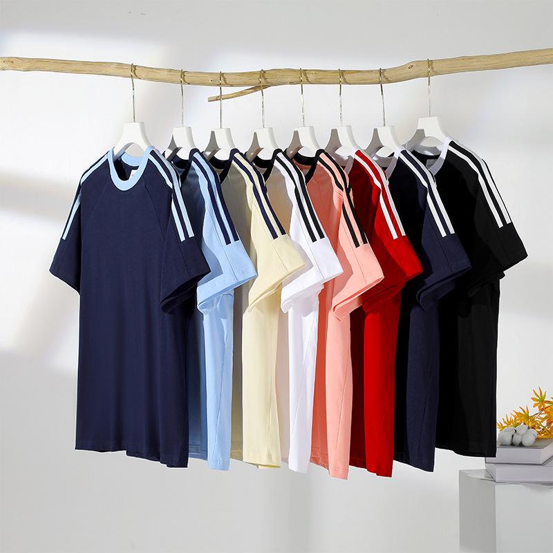 Футболка унисекс из плотного хлопка, однотонная, в американском спортивном стиле, с коротким рукавом и лентой из трех полос, летняя одежда