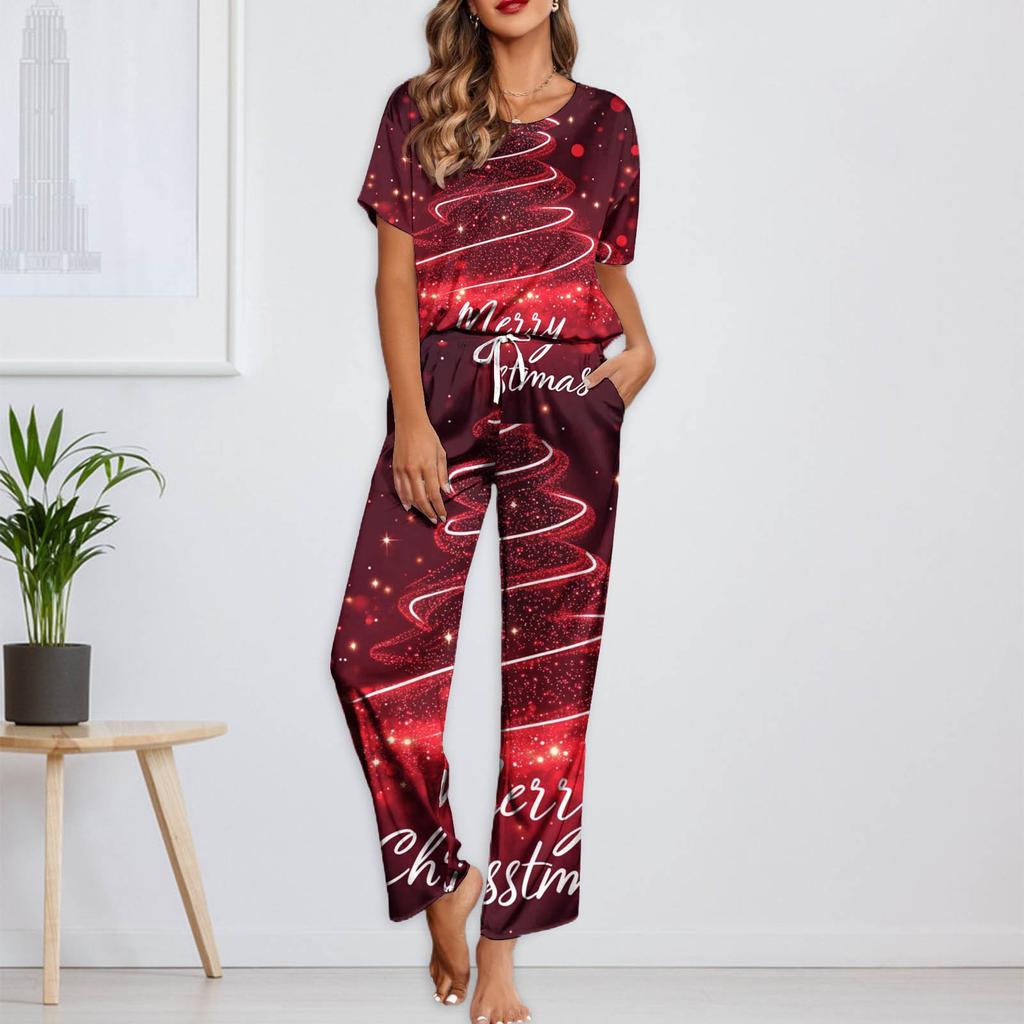 Женский шелковый атласный пижамный комплект с рождественским принтом, рубашка с коротким рукавом и длинные пижамные штаны, мягкая домашняя одежда