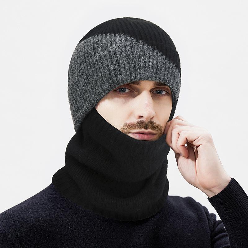 Winter Color Matching Wool Warm Thick Knitted Hat Men's Outdoor Riding Cold-Proof Ear Protection Wool Hat Two-Piece Set