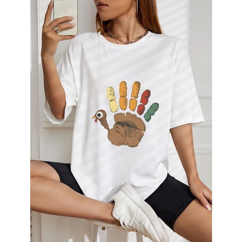 Oversized T-Shirt with Handprint-Doodle Turkey Fun Print – Colorful Cartoon Pattern Casual Top for Thanksgiving