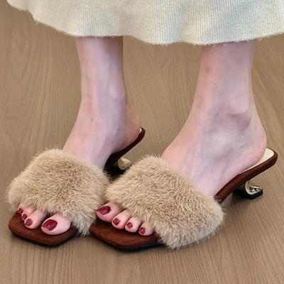 Модные женские тапочки Новая мода Плюшевые Теплые Роскошные Осенне-зимние С открытым носком Искусственный мех Леопардовый Декоративные Нескользящие На высоком каблуке Тапочки