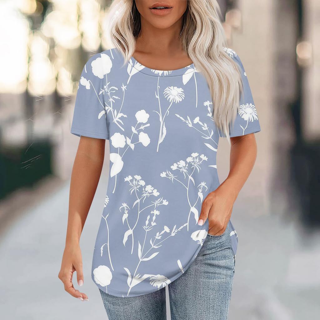 T Shirts For Women Pleated Round Neck Dressy Casual Blouses Printing Short Sleeve Summer Tops Loose Fit