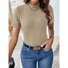 Весенне-летние однотонные полосатые вязаные топы с коротким рукавом, нишевый полувысокий воротник, облегающие женские футболки
