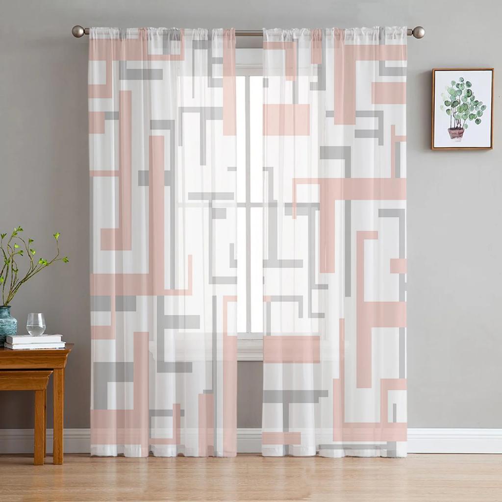 Art Geometry Yellow Grey Sheer Curta For Living Room Printed Tulle Window Curtain Luxury Home Balcony Decor Drapes