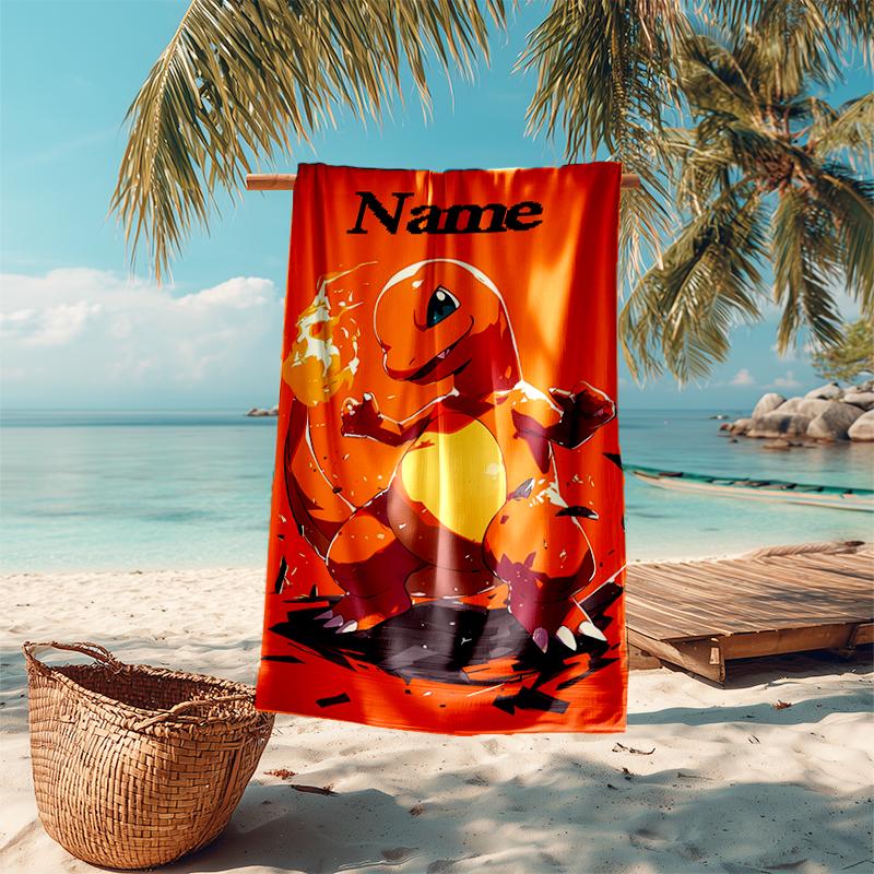 Personalized customized proof beach towel with Pokémon Charmander pattern - soft, absorbent,quick-drying,perfect swimming,camping&bathing