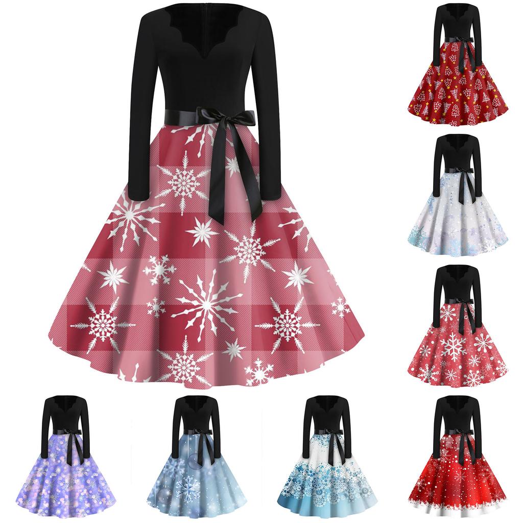 Women's Fashion V-Neck Casual Slim Christmas Printed Long Sleeve Dresses