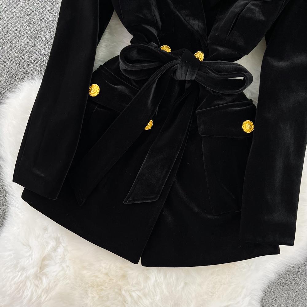 Осенне-зимний черный бархатный пиджак в стиле Хепберн, женский двубортный пиджак с надрезом, верхняя одежда