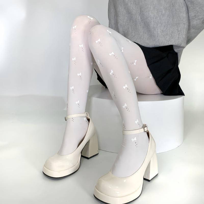 White Pure Desire Bow Dot Printed Leggings Lolita Ladies White Stockings Velvet Pantyhose