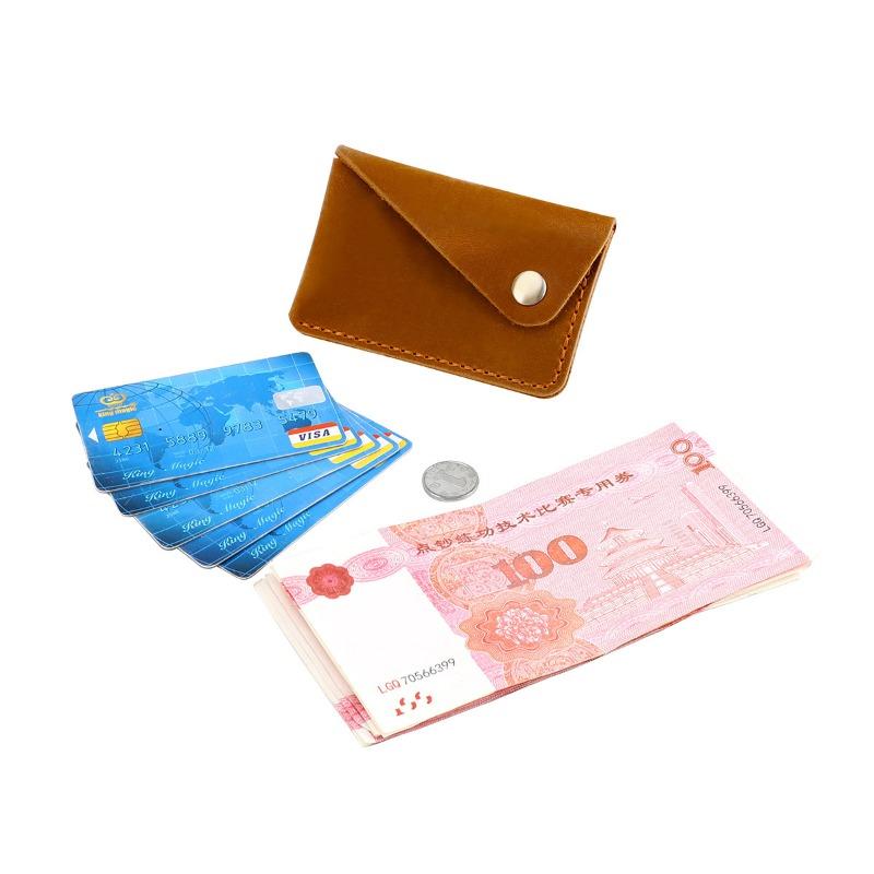 Retro Handcrafted Crazy Horse Leather Envelope Card Holder, Vintage Genuine Leather Slim Card Wallet with Snap Button for Men