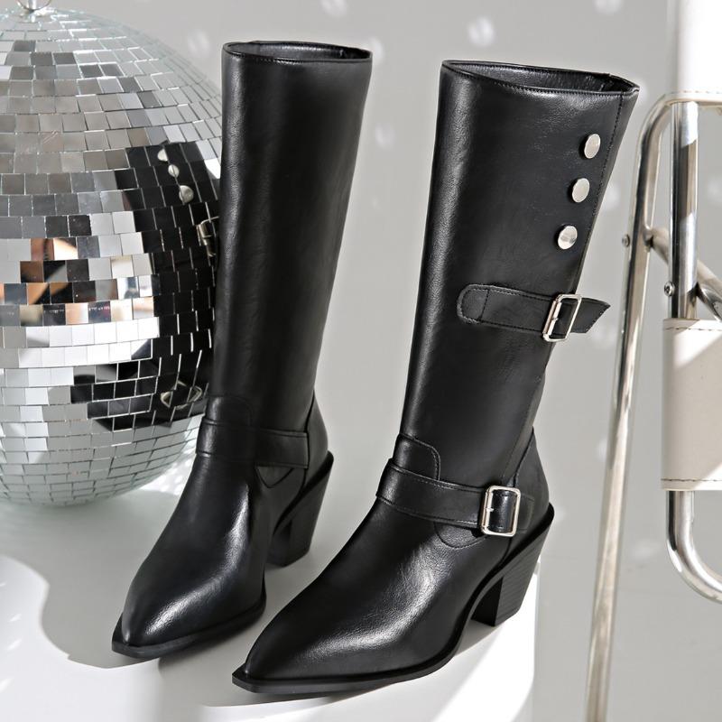 Pointed Toe Women High Boots Knee High Chunky Fashion Heeled Shoes New Trend Winter Pumps Goth Woman Chelsea Botas Mujer