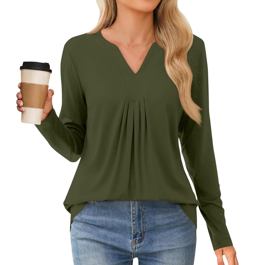 Women's Fashion Casual Long Sleeve Shirt Solid Color V Neck Up Tops
