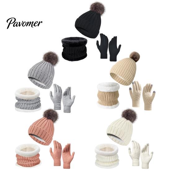Thermal Fleece Lined Winter Accessories Hat Neck Warmer Gloves Set, Knitted Beanies with Pompom, Touch Warm And Scarf Set Screen Gloves, Knit for Men