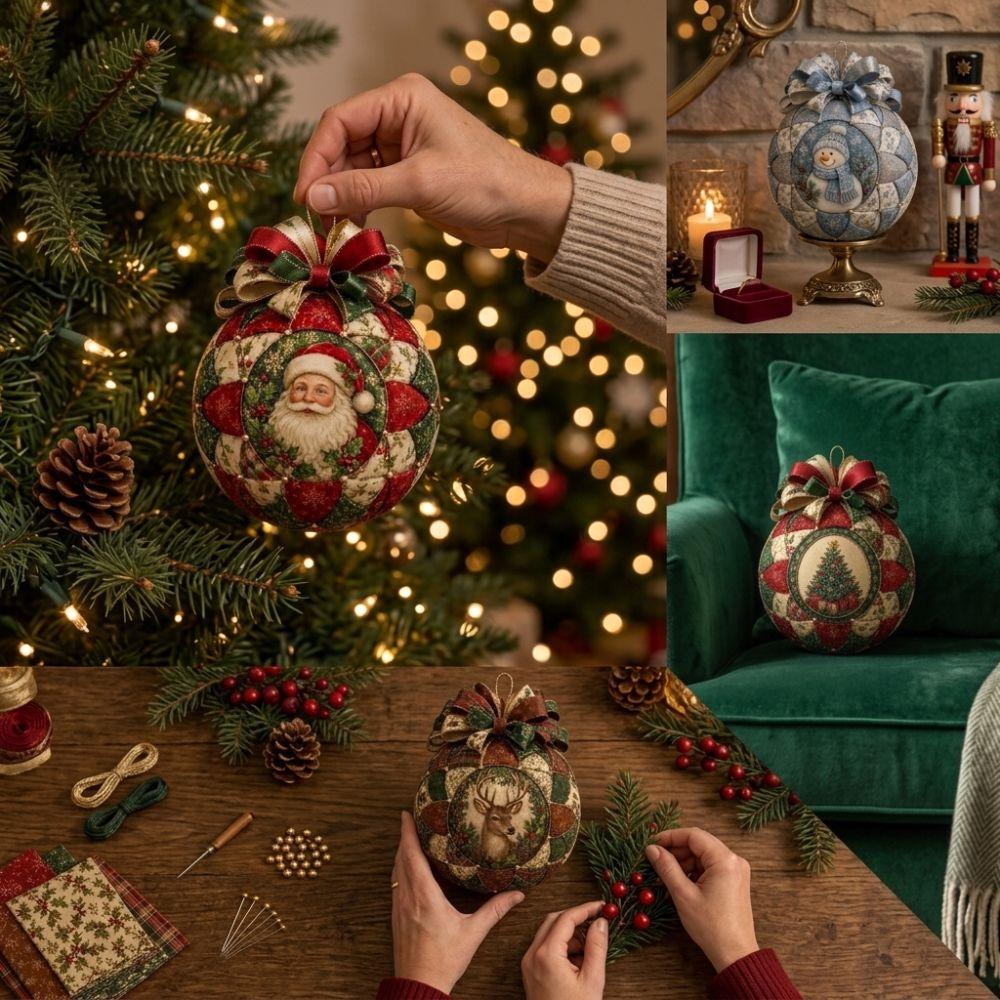 with Bow DIY Patchwork Christmas Ball Kit Handmade Vintage Fabric Xmas Ball Kit  Window Display