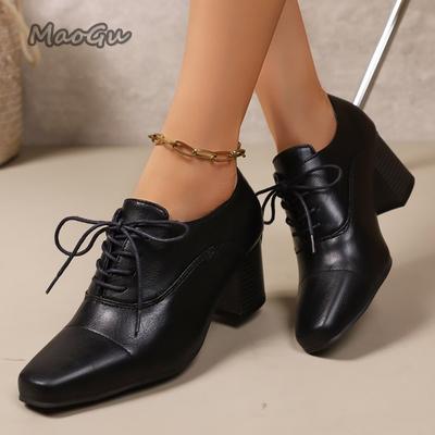 Винтажные кожаные туфли на высоком каблуке с квадратным носком на шнуровке для женщин Осень Большой размер 36-43 Туфли-лодочки на толстом каблуке Офисные леди