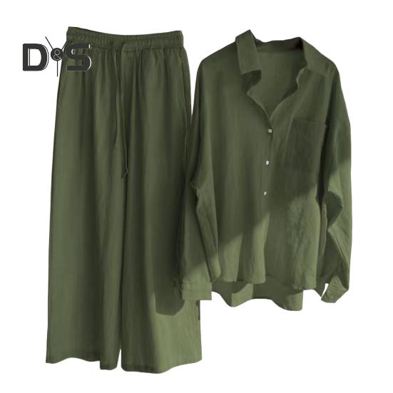 2 шт./компл., женская рубашка больших размеров, комплект брюк, сплошной цвет, блузка с воротником с лацканами и длинными рукавами, высокая талия, свободные широкие брюки, комплект, повседневная одежда для поездок на работу