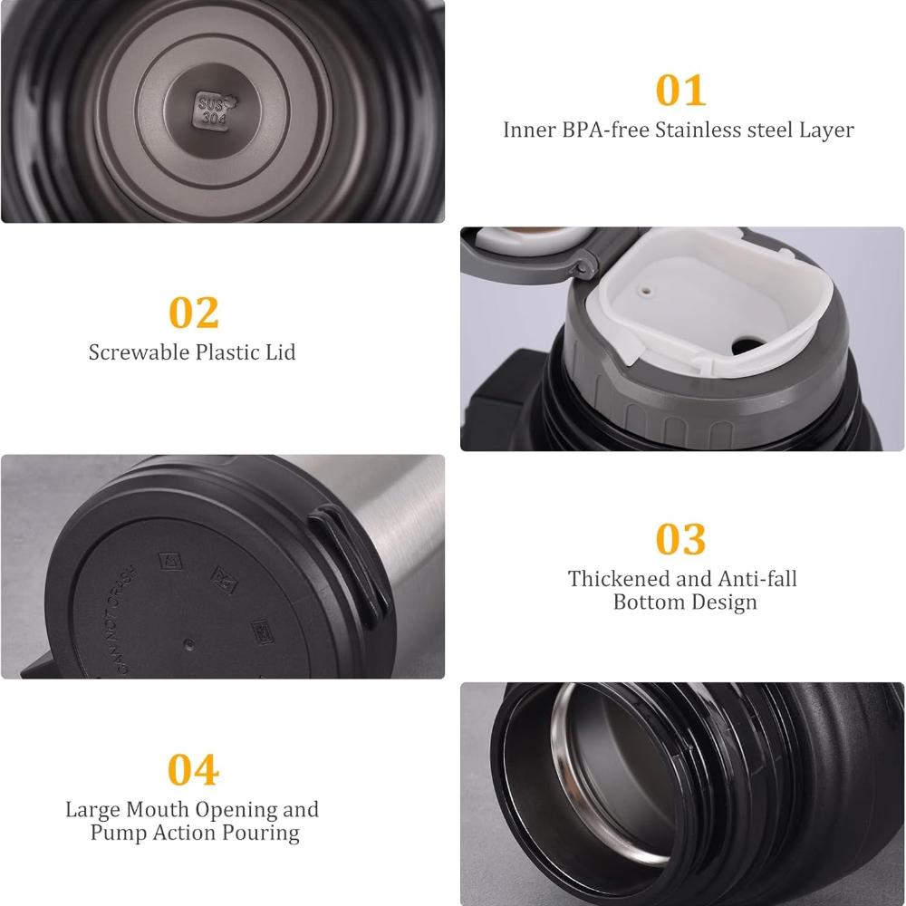 Бутылка с вакуумной изоляцией - 2 л большой емкости, металлическая бутылка для воды из нержавеющей стали для горячих и холодных напитков, термос с чашкой без BPA, портативная