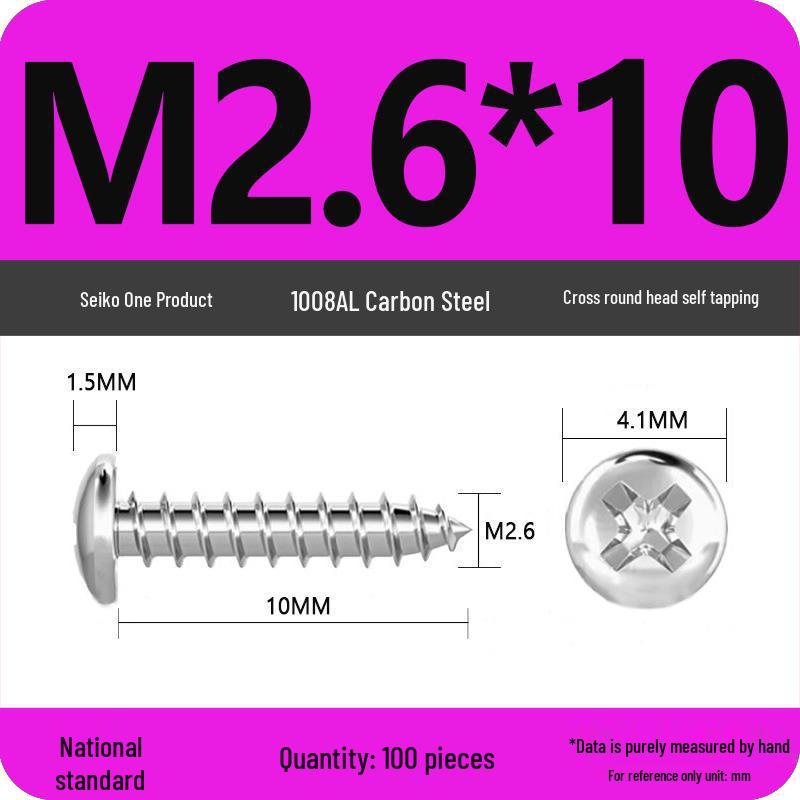 Galvanized Self-Tapping Screws, Round Head, White Zinc, PA Cross Pan, Pointed Tail M1.2-M4